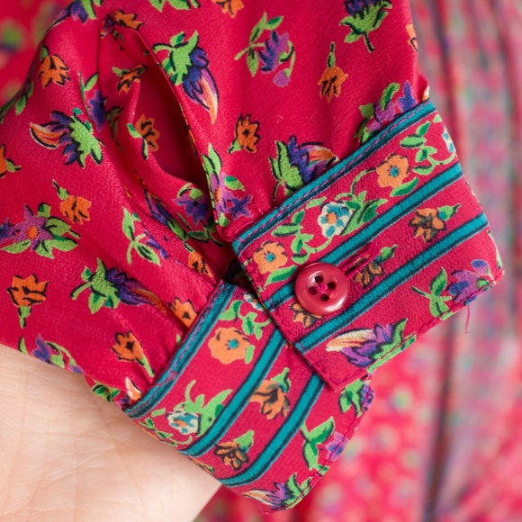 Vintage I. Magnin 100% Silk Fuchsia Long Sleeve Floral Boho Midi Dress Size L - Picture 6 of 17